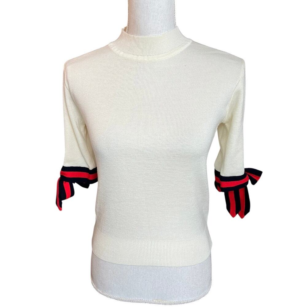 Pixie Market Cream Knit Sweater with Ribbon Tie Sleeves Size S Preppy Old Money